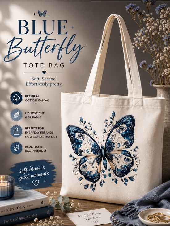 The Golden Goat Co Handbags - Handmade Canvas Tote Bag with Blue Butterfly Graphic - White